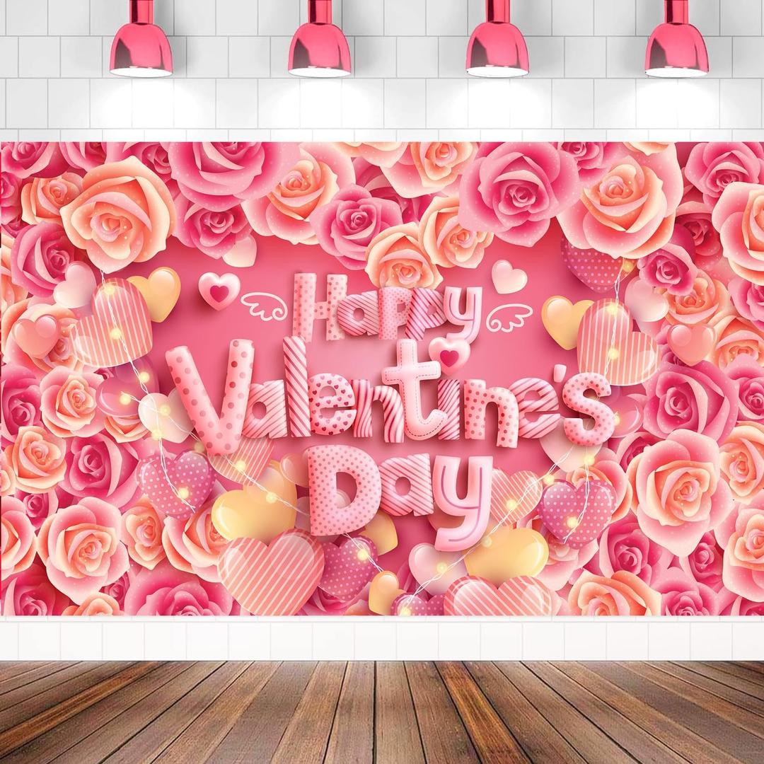 Large Pink Rose Valentine Backdrop Happy Valentines Banner, 72x44 Inch Valentine Photo Backdrop for Valentine Decorations