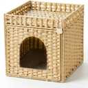 Cat Litter Box Furniture, Rattan Litter Box Enclosure Cabinet for Indoor Cats, Ventilated Covered Litter Box House, Decorative Litter Box Hider with Mat