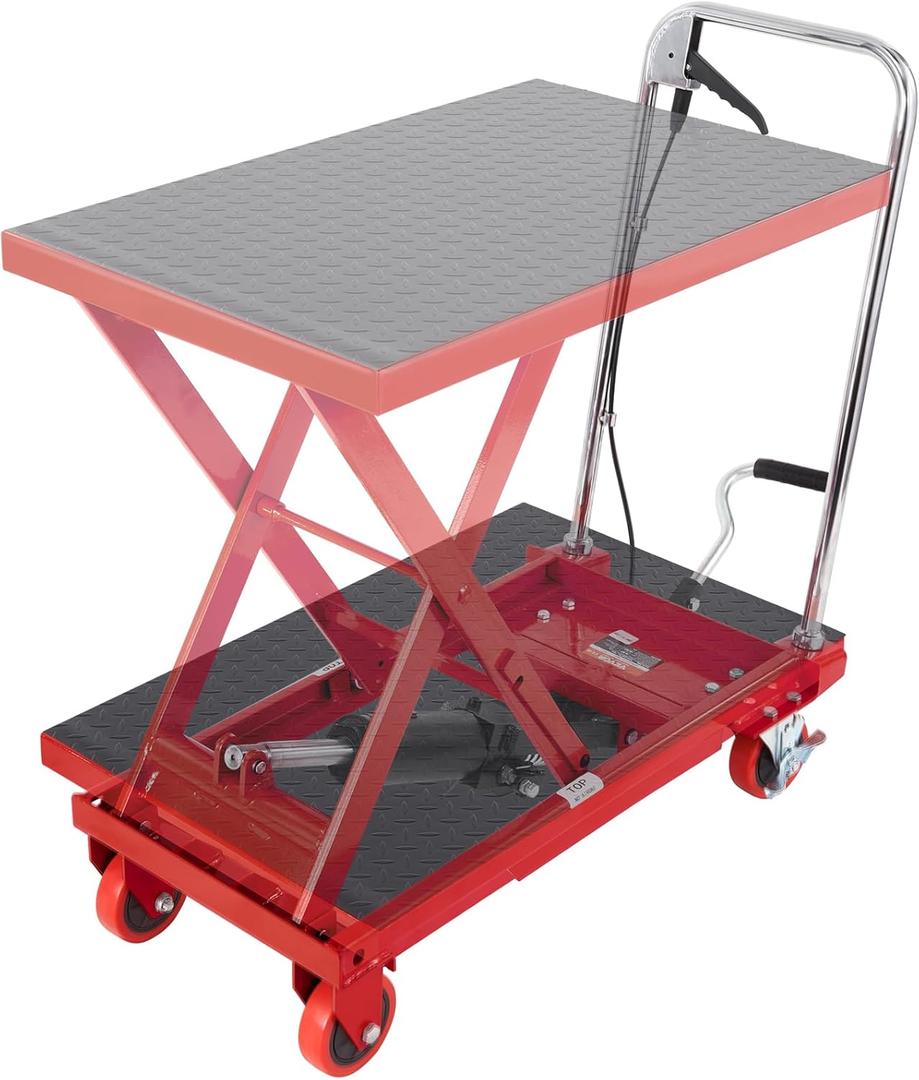VEVOR TF23 Hydraulic Lift Table Cart, 500lbs Capacity 28.5" with 4 Wheels and Non-Slip Pad, for Material Handling and Transportation, Red