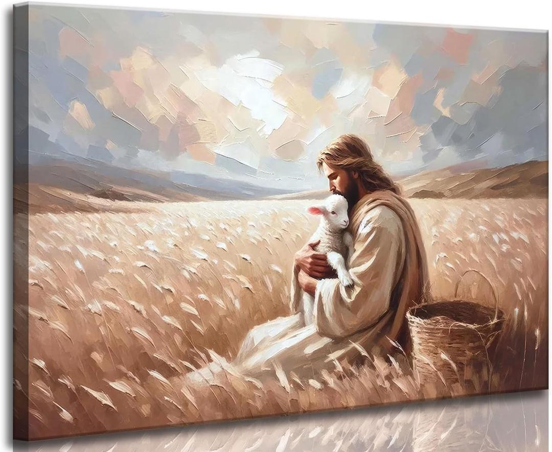 Jesus And Lamb Canvas Wall Art Christ Jesus Finds The Lost Lamb The Shepherd Painting Picture Wall Decor Religious Beliefs Poster Print Artwork for Living Room Bedroom Church Home Decoration (24"L x 16"W)