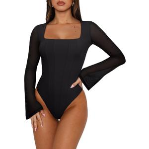REORIA Women's Sexy Long Sleeve Square Neck Bodysuit Mesh Double Lined Going Out Tops 2025 (Black Onyx, XL)