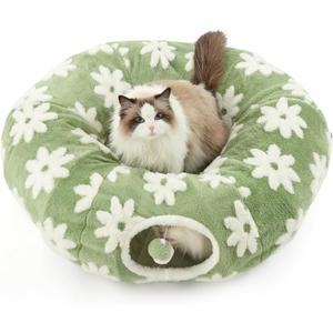 Lesure Cat Tunnel Bed for Indoor Cats - Cute Cat Donut Tunnel Toys with Washable Circle Cushion, Round Pet Peekaboo Cave Toy for Kitten/Puppy/Rabbit, Green (Standard)