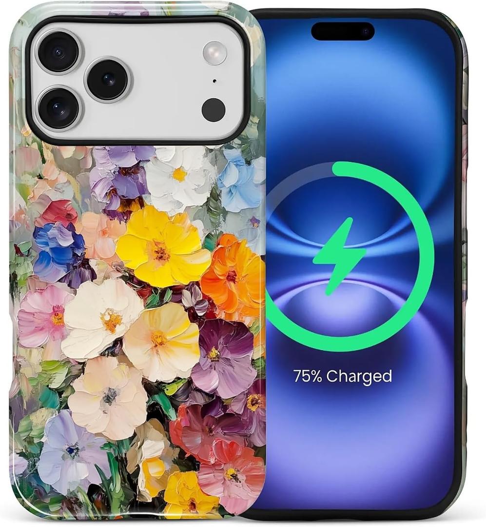 Magnetic Case for iPhone 17 Pro Max,Compatible with MagSafe Hybrid Heavy Duty 2 in 1 Full Body Rugged Shockproof Protection Glossy Case Oil Painting Flowers Garden
