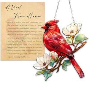 Cardinal Memorial Acrylic Suncatcher with Gift Card, Faux Stained Glass Cardinal Memorial Window Hangings Decor, Red Bird Suncatcher Gift for Loss of Loved One, Family Remembrance Ornament