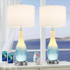 BesLowe 26in Tall Glass Table Lamps Set of 2 with 2 USB Charging Ports & LED Nightlight, Large Coastal Table Lamps for Living Room End Table, Modern Beach Lamps for Bedroom Bedside Nightstand, Blue