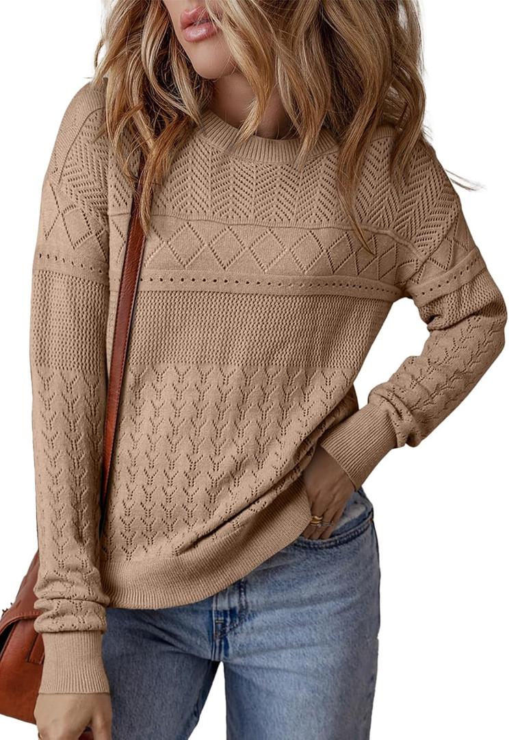 SHEWIN Fall Sweaters for Women Casual Crewneck Long Sleeve Crochet Pullover Tops Sweater (Beige, XXL)