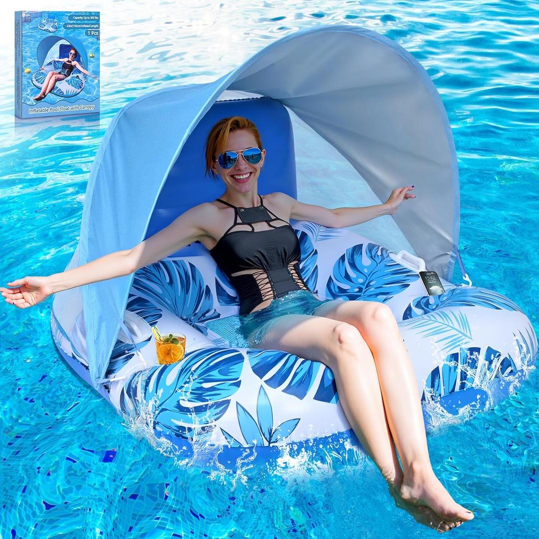 2025 Upgraded Pool Float with Canopy, 2 Cup Holders - XL Inflatable Pool Floats with Adjustable Sun Shade Cover, Dual Handles, Ergonomic Headrest, Heavy Duty Adult Floats for Pool, Beach, Lake (1 Pack, Tropical Blue)