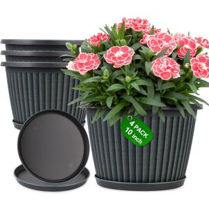 Planter-Pots-for-Plants-Indoor-Outdoor, 4 Pack 10 Inch Plastic Flower Pots with Saucer & Drainage Holes, Modern Garden Planters for Planting Medium Large Plants Decorative Resin Garden Pots (Blue Green)