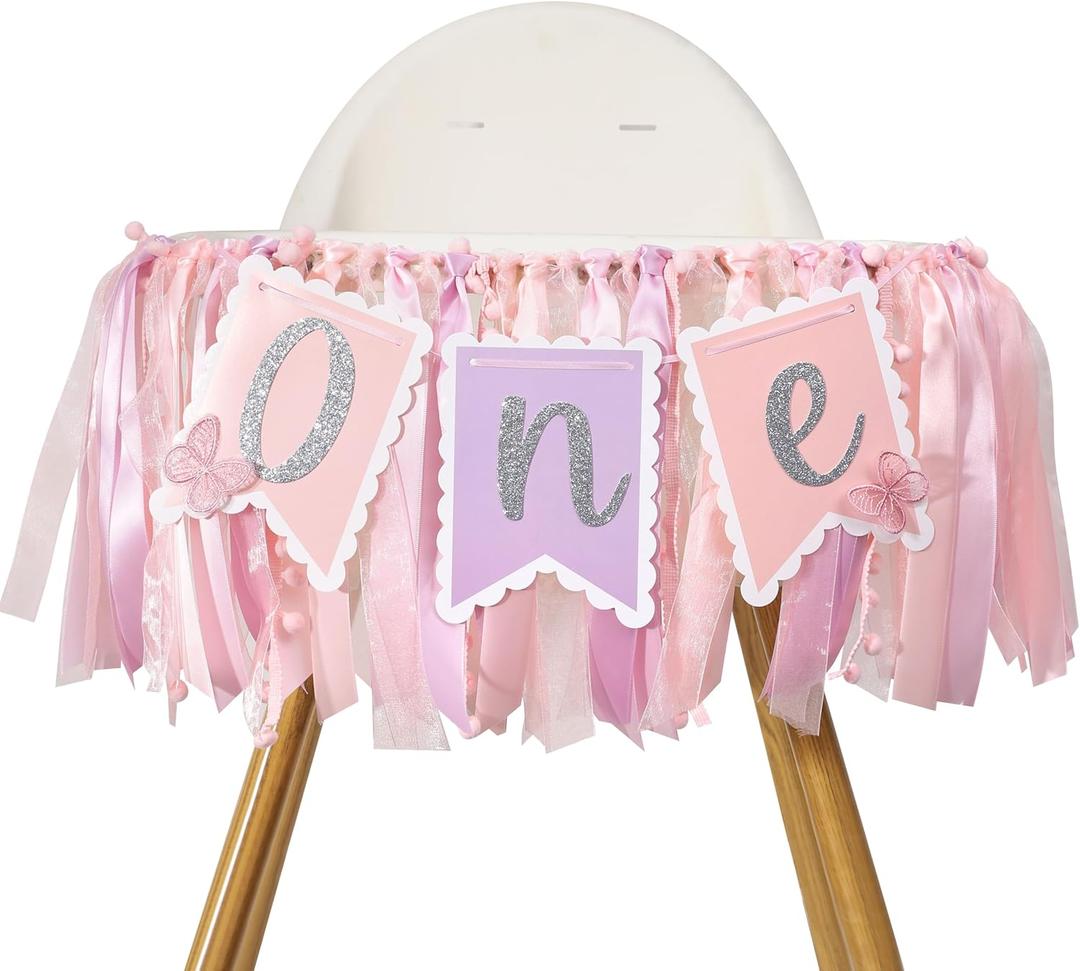 Pink Butterfly First Birthday Highchair Banner - 1st Birthday Decoration, Spring One Decor, Girls Highchair Banner, Photo Prop Cake Smash