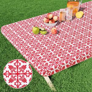 misaya Rectangle Vinyl Table Cloth, Elastic Fitted Flannel Backed Tablecloth, 100% Waterproof Plastic Table Cover Fits 6 Foot Folding Tables for Picnic, Camping, Outdoor (Red, 30" x 72")