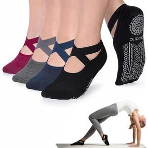 Ozaiic Pilates Socks for Women Non Slip Grip, Yoga Socks with Grippers for Barre, Hospital, Ballet, Dance, Barefoot Workout (One Size, 4 Pairs - Black/Navy/D.gray/ Burgundy)