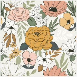 HAOKHOME Vintage Large Floral Peel and Stick Wallpaper Removable Daisy Leaf Mushroom/Sand/Oliva Vinyl Self Adhesive Mural 17.7in x 9.8ft