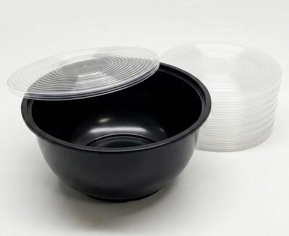 Black Round Plastic Soup Bowls with Clear Lids, Disposable Food Storage Containers for Meal Prep and Takeout