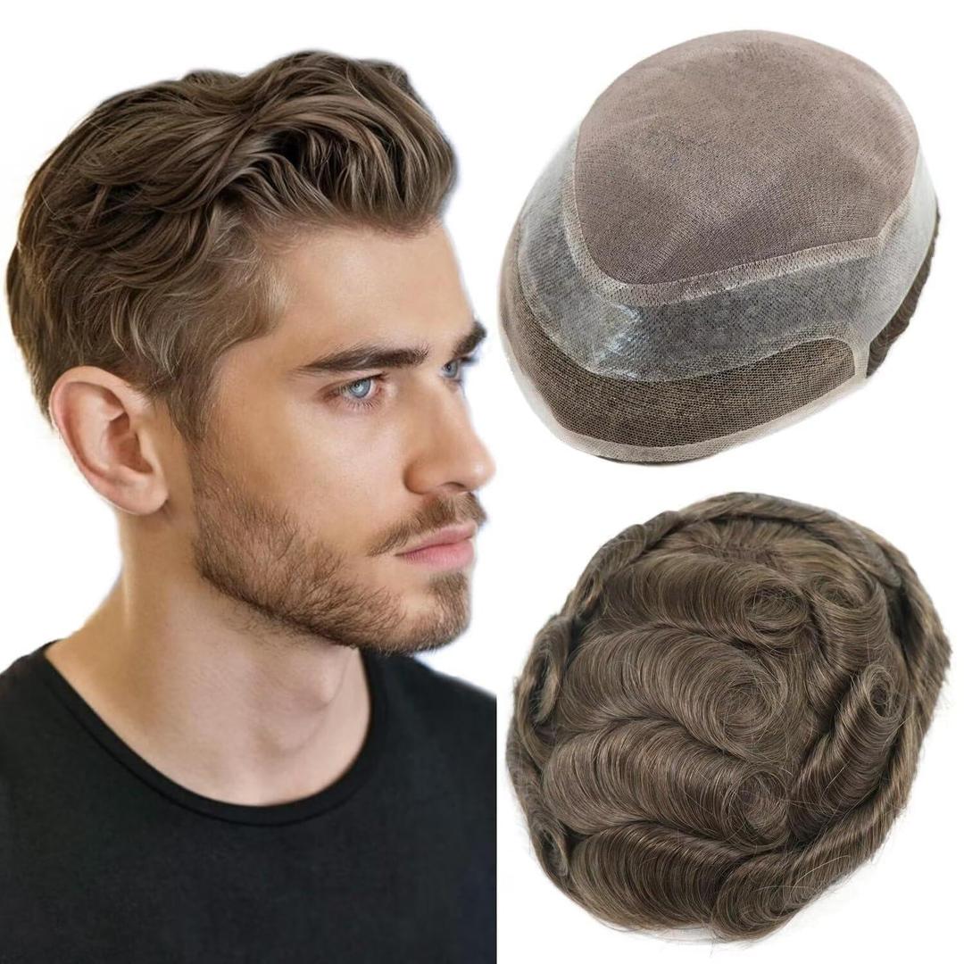 Mens Toupee Hair Piece for Men Mono HD Swiss Lace with PU around Human Hair Replacement System Natural Hairline 8x10 inch Medium Light Density Man Toupee Protesis Capilar Hombre #4 Medium Dark Brown