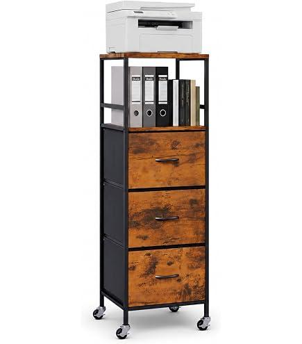 DreamDashio 3 Drawer Fabric File Cabinet with Printer Stand & Dual Shelves, 2-Tier Printer Storage with Letter/A4/Legal File Drawers, Adjustable Hanging Rails, Lockable Casters/Leveling Feet