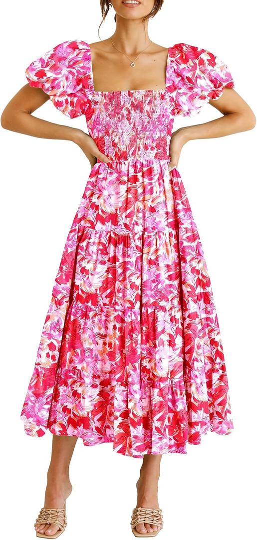 PRETTYGARDEN Women's Casual Summer Midi Dress Puffy Short Sleeve Square Neck Smocked Tiered Ruffle Dresses (Medium)