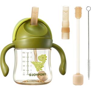 Joypony Baby Sippy Cups 6-12 Months, Spill Proof Weighted Straw Cup with Handle for Toddlers 1-3, 2 Silicone Straws, PPSU, BPA Free, 6 oz (Green)