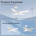 42 Inch White Ceiling Fan with Light and Remote Control,Dimmable 3 Color Temperatures LED Ceiling Fan,6 Speeds Reversible DC Motor,5 Blades Modern Ceiling Fans for Indoor or Covered Outdoor