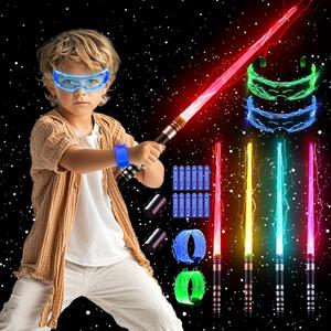 SANCO Light Up Sabers Set for Kids - 4 Pack 7 Colors Retractable Power Swords with FX Sound(Motion Sensitive), 2PCS LED Glasses & Wristbands, Glowing Toys for Christmas, Birthday Gift for Boys & Girls
