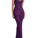 KUTUMAI Vintage Lace Corset Floral Maxi Long Dress Bodycon Ruched Tie Formal Wedding Guest Dresses for Women Elegant PurpleFloral M