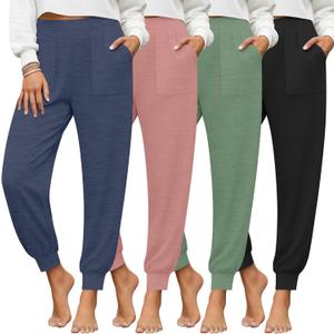 4 Pack Women's Yoga Joggers, Cozy Lounge Pants with Pockets Loose Casual Gym Athletic Sweatpants Comfy Cuffed Pants (XX-Large, Black, Light Green, Pink, Haze Blue)