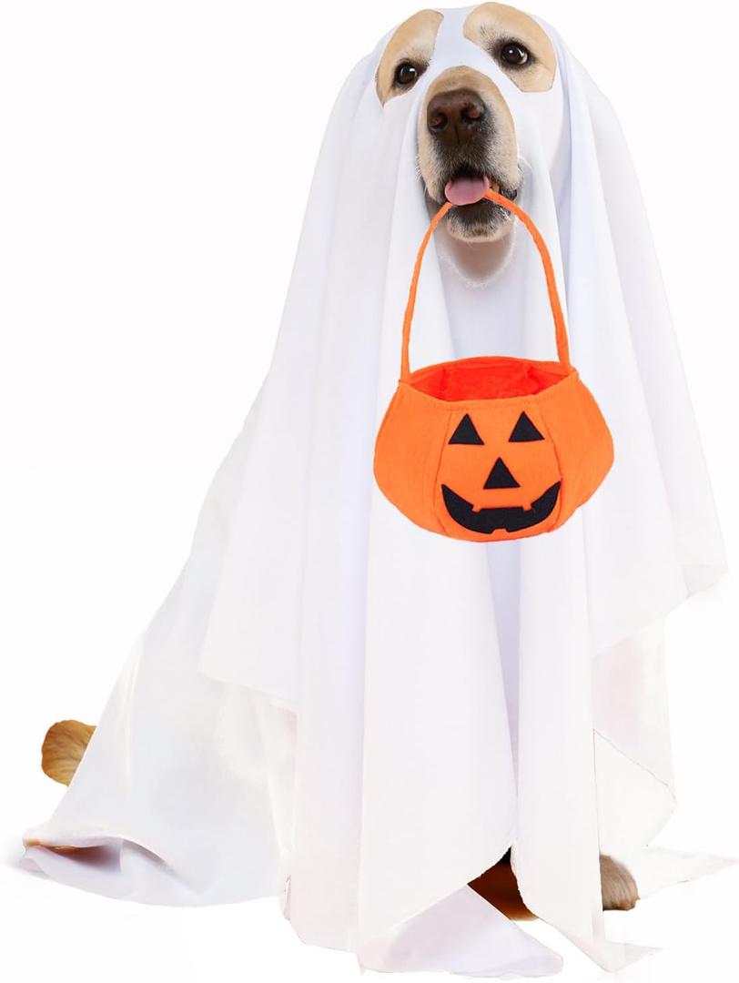 Ghost Dog Costume Set - White Ghost Costume for Dogs & Cats - Halloween Cosplay & Candy Bucket - Felt Pumpkin Candy Buckets - Trick or Treat Bags (L) (100*140cm)