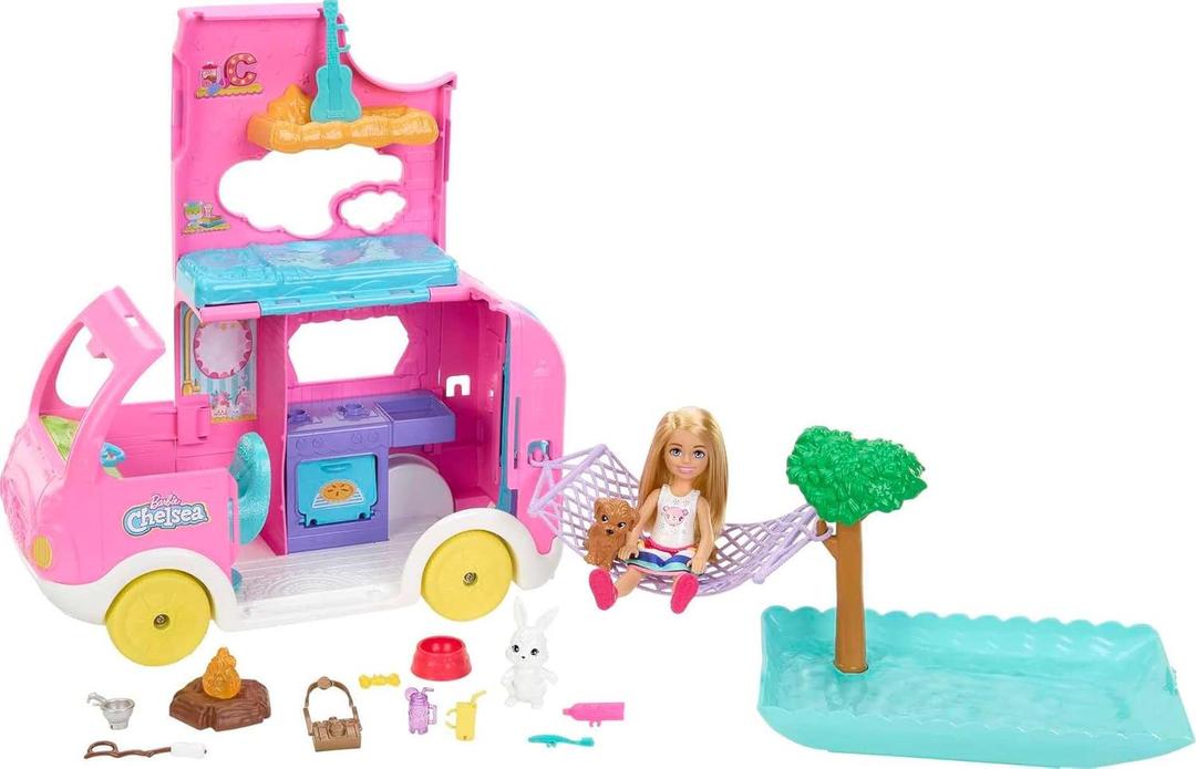 Barbie Camper, Chelsea 2-in-1 Playset with Small Doll, 2 Pets & 15 Accessories, Vehicle Transforms into Camp Site  Barbie Camper, Chelsea 2-in-1 Playset with Small Doll, 2 Pets & 15 Accessories, Vehicle Transforms into Camp Site