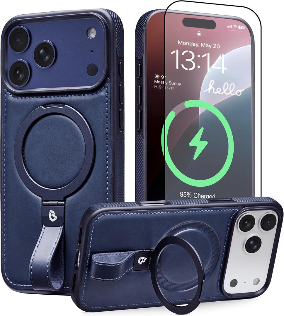 Butaiga for iPhone 17 Pro Max Leather Case with Stand, Anti-Slip Grip Ring, Fits for MagSafe (Blue, iPhone 17 Pro Max)