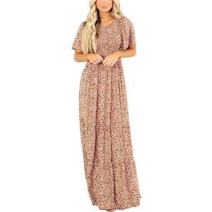 Kranda Women 2025 Summer Fall Crewneck Short Sleeve Smocked Floral Maxi Dress (Brown, S)