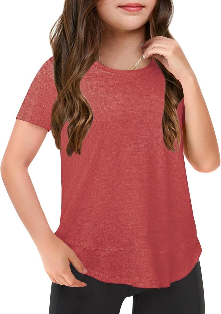 Haloumoning Girls Summer T Shirts Loose Curved Hem Short Sleeve Shirt Athletic Casual Tops Tees 4-14 Years (Red)
