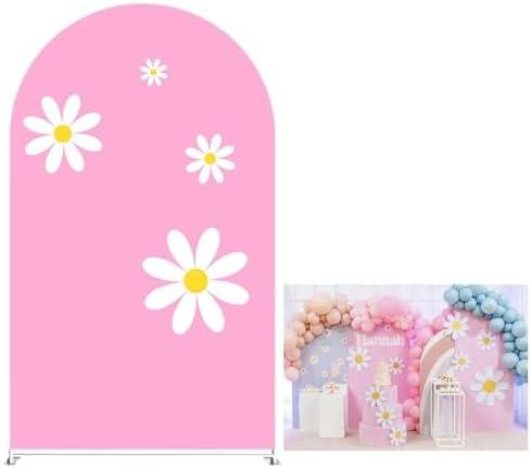 KONPON Pink Arched Stand Wall Covers Daisy Groovy Double Sided Arch Backdrop Covers for Groovy Party Baby Shower Birthday Wedding Decor Banner