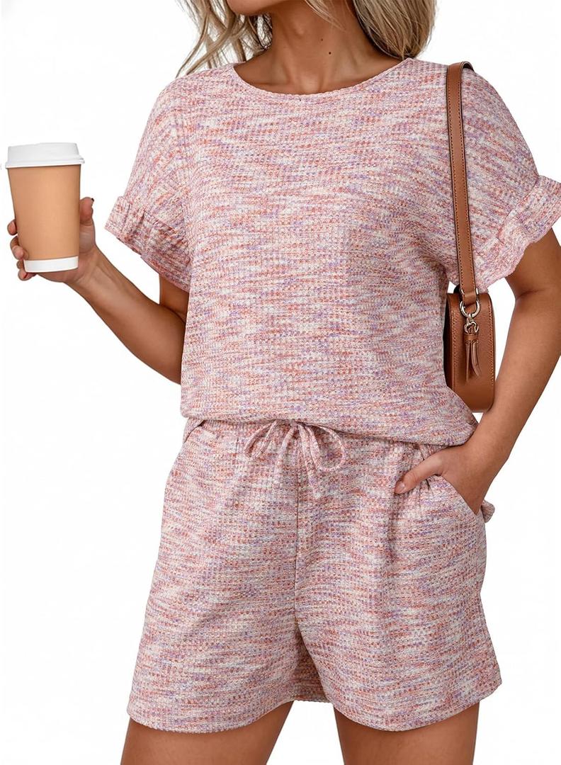 Dokotoo Women's 2 Piece Short Sleeve Outfits Casual Summer Shorts Set Lounge Matching Sets with Pockets M