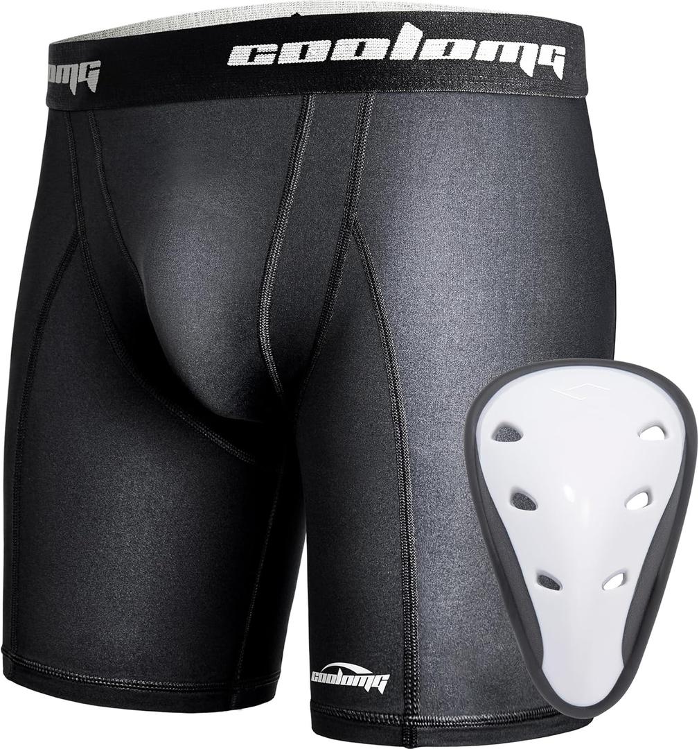 COOLOMG Youth Boys Compression Shorts with Protective Cup Athletic Sports Underwear for Baseball Football Lacrosse Hockey XL