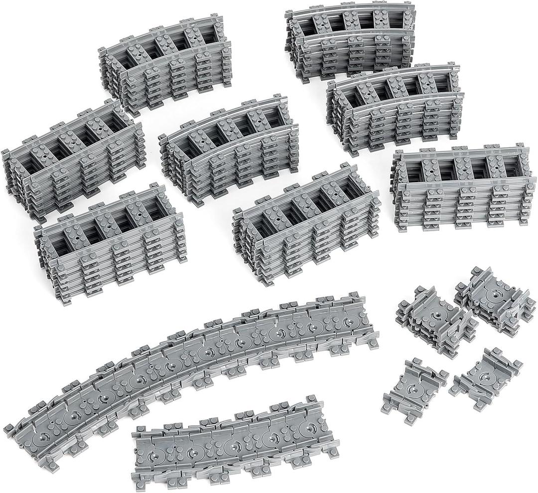 MANNIDOO Classic City Train Tracks, 72 Pieces Railroad Track with 24 Flexible, 24 Curved and 24 Straight Tracks, Train Expansion Accessories Compatible with All Major Brands Train Tracks