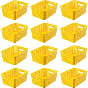 Yellow Plastic Organizer Baskets, 12-Pack Stackable Pantry Storage Baskets, Small Baskets for Shelves, Bathrooms, Kitchens, Laundry Room, Classrooms, Cabinets and Bedrooms