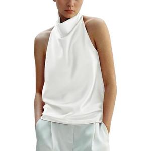 Maohao Women's Silk Satin Tank Tops Halter Draped Front Sexy Backless Womens Summer Tops Elegant Camisole Tops, Medium