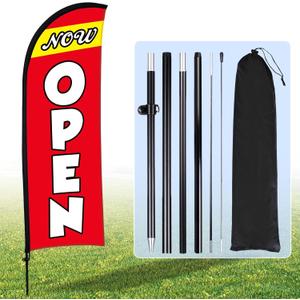 Buryeah Now Open Flag Banner for Business Advertising 7 x 5.4 ft Feather Flag Sign with Flagpole Ground Stake Portable Bag Opening Signs Banner Set for Outside Business(Red)