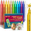 Betem Super Golden Metallic Paint Markers, 12 Colors Metallic Paint Pen Scrapbook Supplies, 2-3mm Medium Tips Glitter Markers for Black Paper, Rock Painting, Ceramic, Wood, Christmas Gifts DIY Crafts
