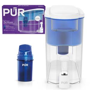 PUR 30-Cup Water Filter Dispenser with 1 Genuine PUR Filter, Large 30-Cup Capacity, 2-in-1 Powerful, Faster Filtration, Lasts 2 Months or 40 Gallons, Dishwasher Safe, White/Blue (DS1800Z)