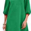 Wenrine Womens 3/4 Sleeve Mini Dress Casual V Neck Collared Textured Loose Fall A Line Argyle Dresses with Pockets (Green) Small 