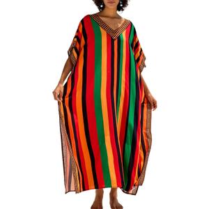 Chunoy Women V Neck Kaftan Casual Bathing Suit Kimono Sleeve Side Split Beach Cover Up Caftan Dress (One Size, Multicolor Stripes)