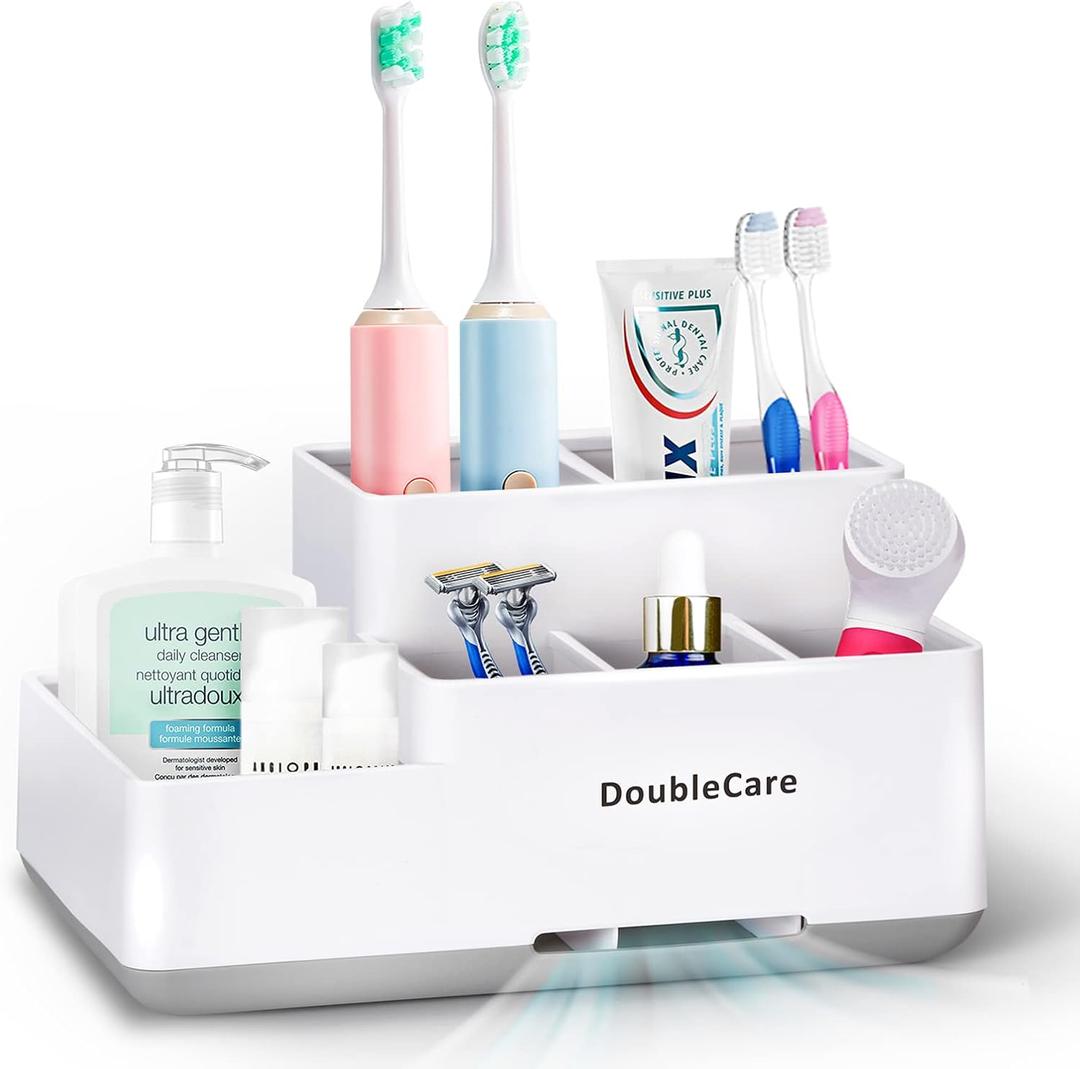 Toothbrush Holder with Anti-Slip, Bathroom Organizer Countertop Detachable for Easy Cleaning, Multifunctional Storage, Bathroom Caddy for Toothpaste, Shaver, Great for Home, Vanity Organizer, Office (White)