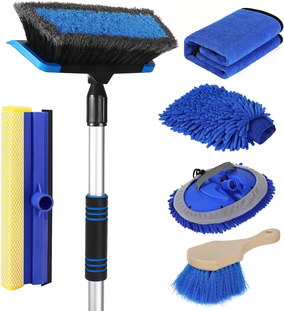 Wontolf 62'' Car Wash Brush with Long Handle, Scratch-Free Soft Bristles Sturdy Car Wash Mop Kit, Complete Car Cleaning Brush Kit Wash Mitt Towel Windshield Squeegee Wheel Tire Brush for Car Truck RV (Blue)