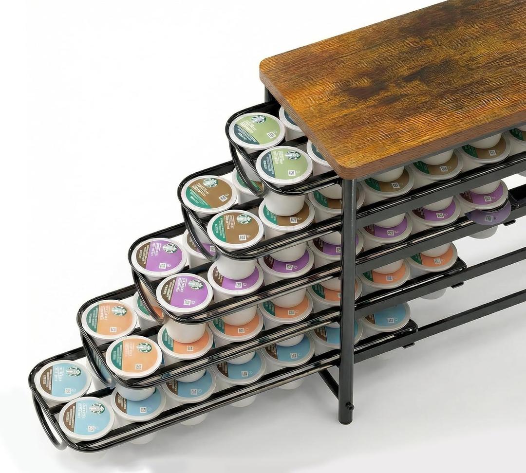HFHOME Coffee Pod Holder with Wooden Top, Compatible with K-Cups, 5-Tier Coffee Capsule Storage Drawer, 70 Capacity Pods Organizer with 3 Mug Holders, for Home, Office, Kitchen Counter, Black