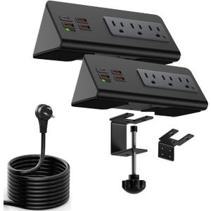 Upgraded Version Edge Mount Power Strip with USB-C Ports Tabletop Surge Protector Desk Clamp Power Sockets with 3 AC Outlets &4 Fast Charging USB Ports for Home Office Hotel Dormitory (Black - 2pack)