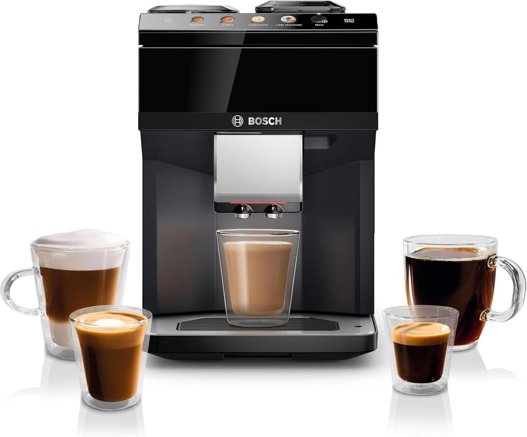 BOSCH 500 Series Fully Automatic Espresso and Coffee Machine  Touch Control Panel, Milk Hose, Ceramic Grinder, Uses Beans & Ground Coffee, 9 One-Touch Drinks, in Black TPU40109