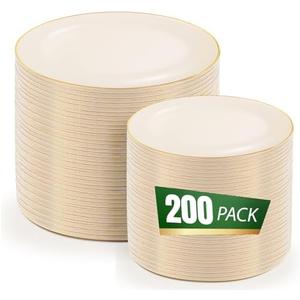 bUCLA 200PCS Ivory Plastic Plates with Gold Rim - Heavy Duty Cream Disposable Include 100 Dinner 10 inch & 100 Dessert 7 inch Plates, Ideal for Party & Wedding