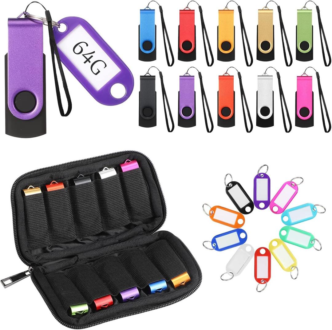 Coume 10 Pack Flash Drives Zip Drives with Lanyards, Key Tags and Storage Case Metal USB 2.0 Thumb Drive Multi Pack Bulk Swivel Memory Colorful Portable Keychain for Data Storage (64GB)