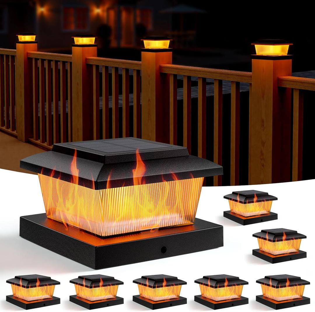 APONUO 8 Pack Solar Flame Post Cap Lights, Flickering Flame & Warm White Modes, IP64 Waterproof SMD LED for 4x4 Wood/Vinyl Posts, Auto On/Off Solar Powered, Outdoor Deck Yard Fence Decor, Black APONUO 8 Pack Solar Flame Post Cap Lights, Flickering Flame & Warm White Modes, IP64 Waterproof SMD LED for 4x4 Wood/Vinyl Posts, Auto On/Off Solar Powered, Outdoor Deck Yard Fence Decor, Black