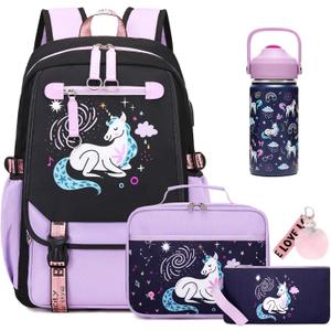 Bevalsa Kids Backpack for Girls with Insulated Water Bottle, Purple Cute Bookbag for Girls Kid, 14oz Termos Kids Water Bottle, Insulated Lunch Bag & Pencial Case, Back To School Gift (Unicorn)